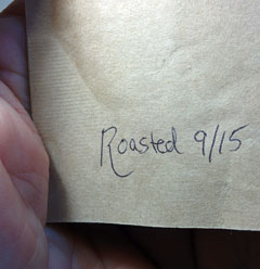 Roasting date on the back of a bag of Bean Box coffee.