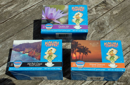Three boces of K-Cups from Kauai Coffee.