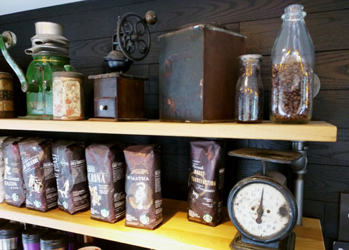 Shelves of coffee backs at Starbucks.